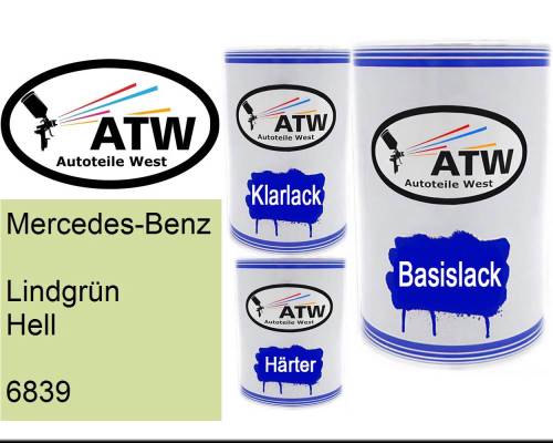 Mercedes-Benz, Lindgrün Hell, 6839: 500ml Lackdose + 500ml Klarlack + 250ml Härter - Set, von ATW Autoteile West.